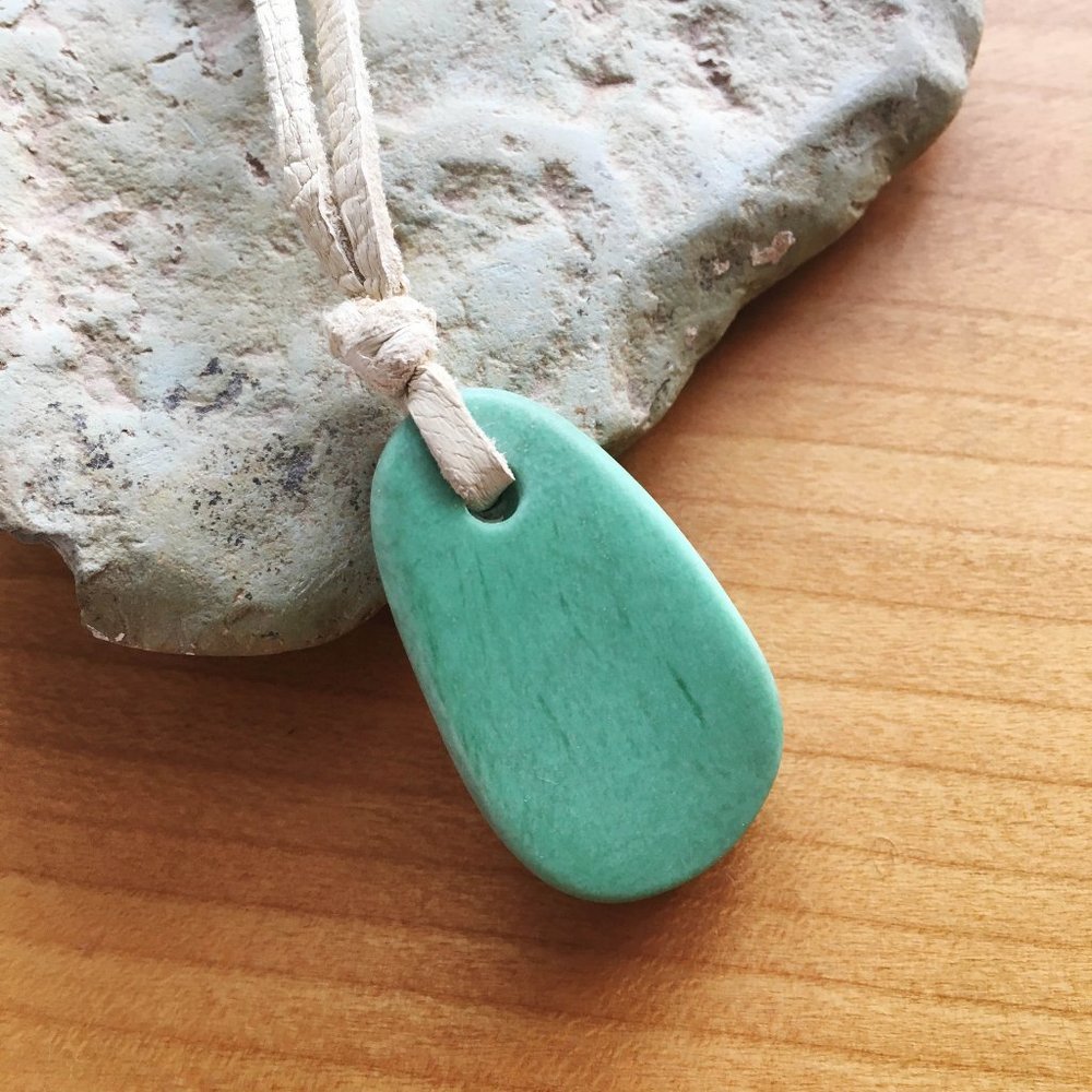 Aqua Blue Natural Stone Pendant Necklace on Pale Grey Leather Cord